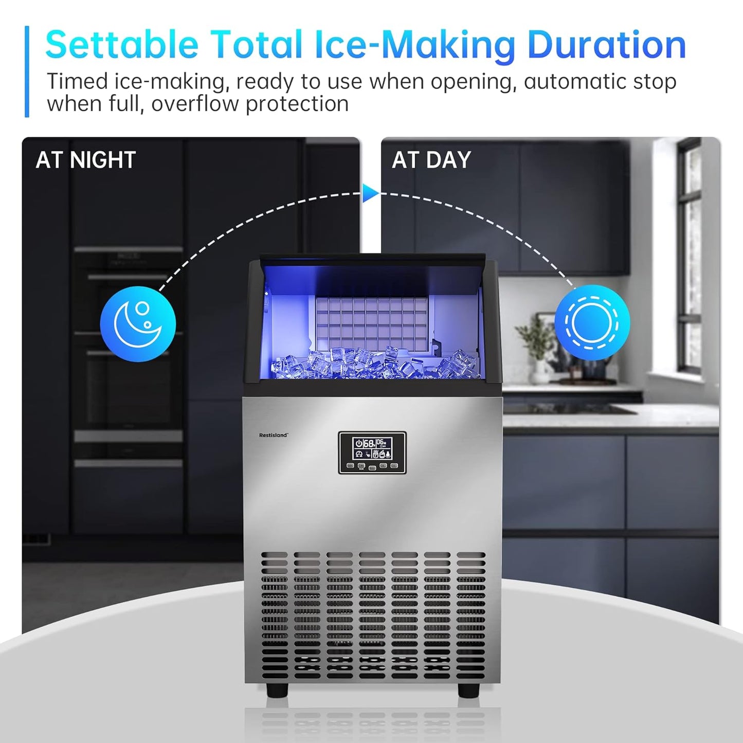 Commercial Ice Maker Machine, 100 lbs /24 h, 33 lbs Storage Bin, Stainless Steel, Compact, Embedded, Self-Cleaning, Perfect for Home/Office/Shop/Cafe, Includes Ice Scoop, Connection Hose