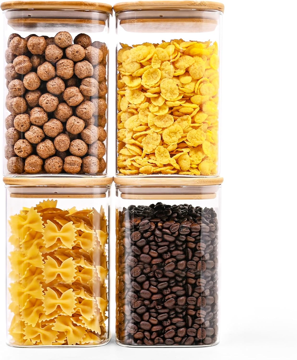 Glass Food Storage Jars Square 37oz, 4 Pack Glass Jars With Bamboo Lids, Kitchen Storage Containers For Spice, Candy, Cookie, Storage For Pantry Organizers