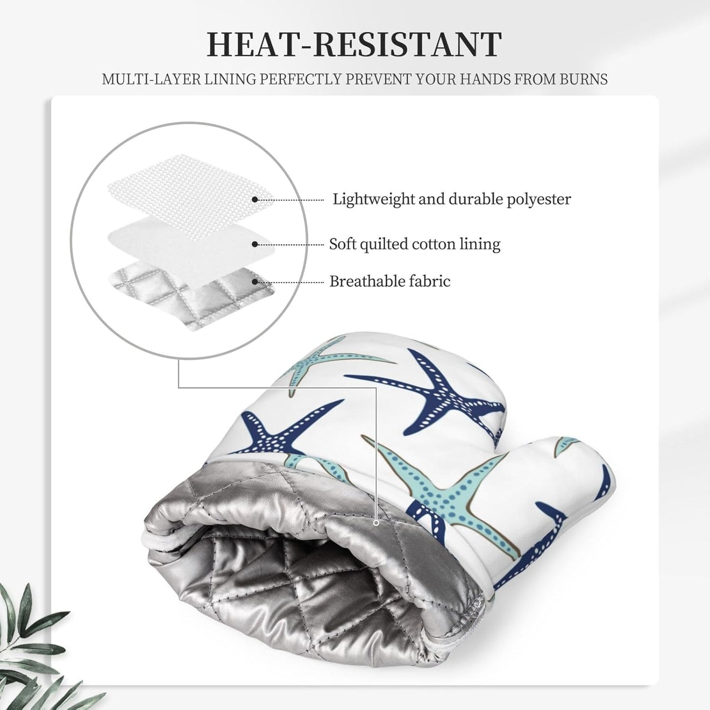 Sea Stars Oven Mitts and Pot Holders Set of 4 Silicone Navy Blue Turquoise Coastal Sea Stars Kitchen Mitten Gloves and Non-Slip Potholders Set Heat Resistant Oven Gloves Hot Holders for BBQ