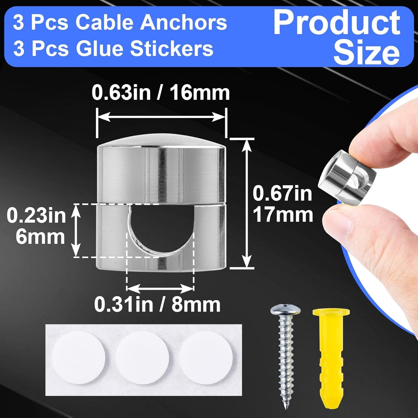 3 Sets Charger Holders for Cords, Silver Adjustable Cable Anchor Holders, Adhesive Metal Cord Clips, Cable Management Wire Organizers for Desk, Office, Nightstand