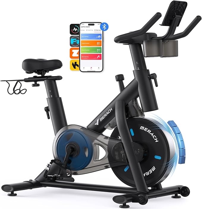 MERACH Exercise Bike, Brake Pad Stationary Bike with Exclusive App, Low Noise Indoor Cycling Bike with 300lbs Weight Capacity, Tablet Mount and Fitness Courses for Weight Loss
