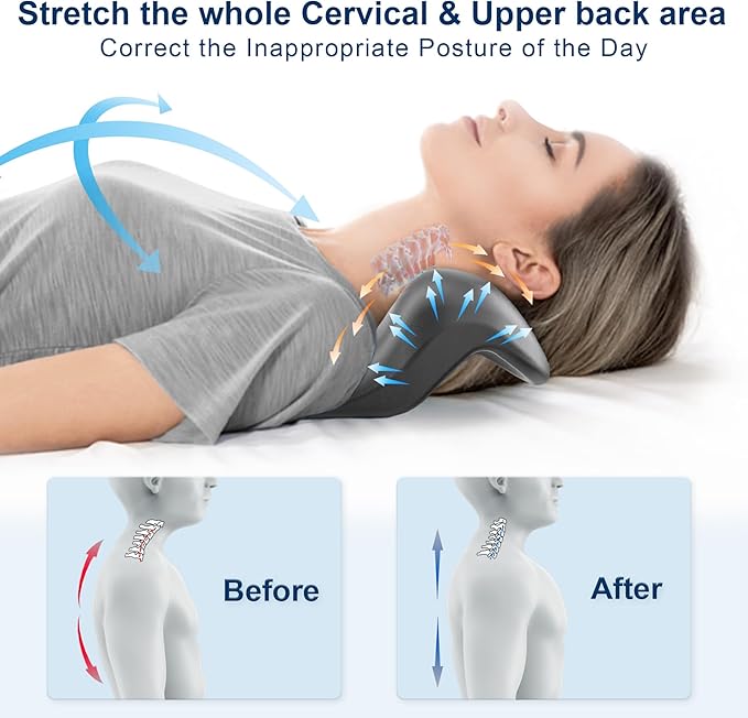 Neck and Shoulder Relaxer with Upper Back Massage Point, Cervical Traction Device Neck Stretcher for TMJ Pain Relief and Cervical Spine Alignment Chiropractic Pillow (Grey)