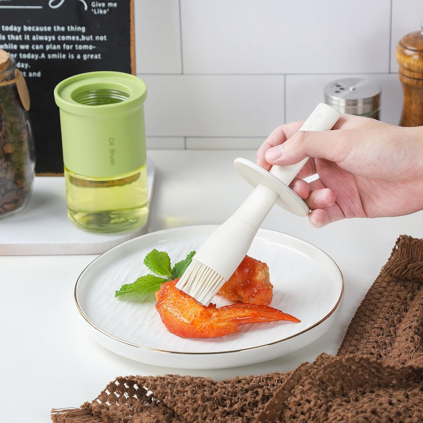 3 Pack Glass Oil Dispenser With Brush - 300ml/10oz Kitchen Cooking Bottle for Oil, BBQ Sauce, Vinegar - Green Basting Bottle With Silicone Brush