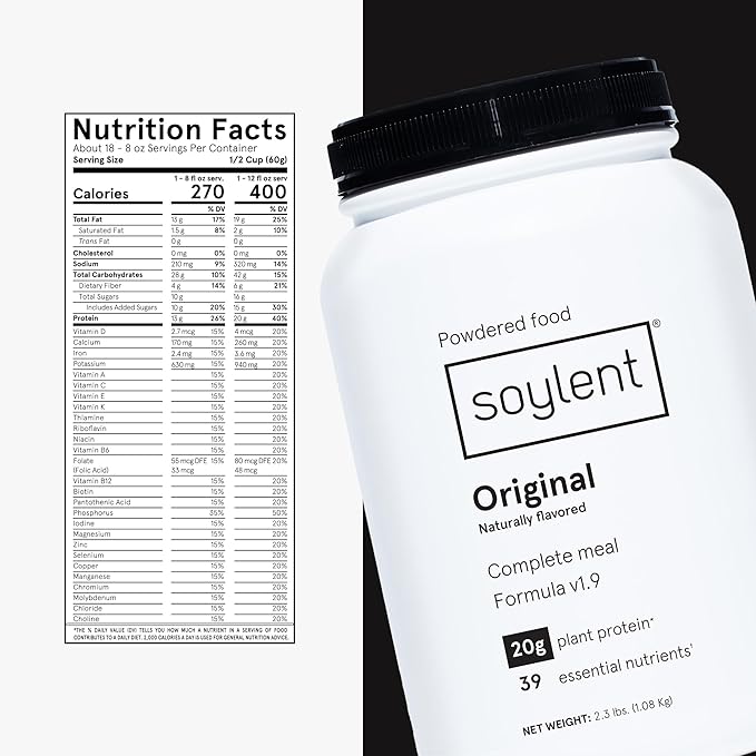 Soylent Complete Nutrition Meal Replacement Protein Powder, Original - Plant Based Vegan Protein, 39 Essential Nutrients - 36.8oz