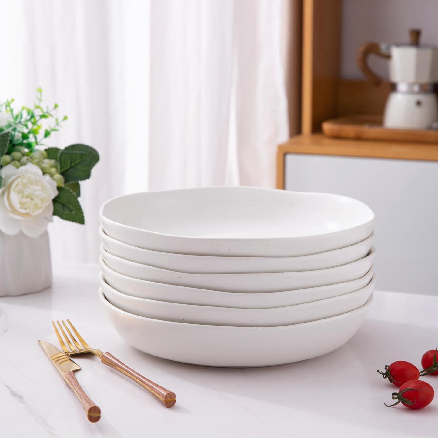 AmorArc 9.75'' Speckled Large Ceramic Pasta Bowls, 38oz Stoneware Bowls Set of 6, Oven, Microwave&Dishwasher Safe Bowls with Wavy Rim for Fruit Pasta Salad Meal, Matte Speckled White