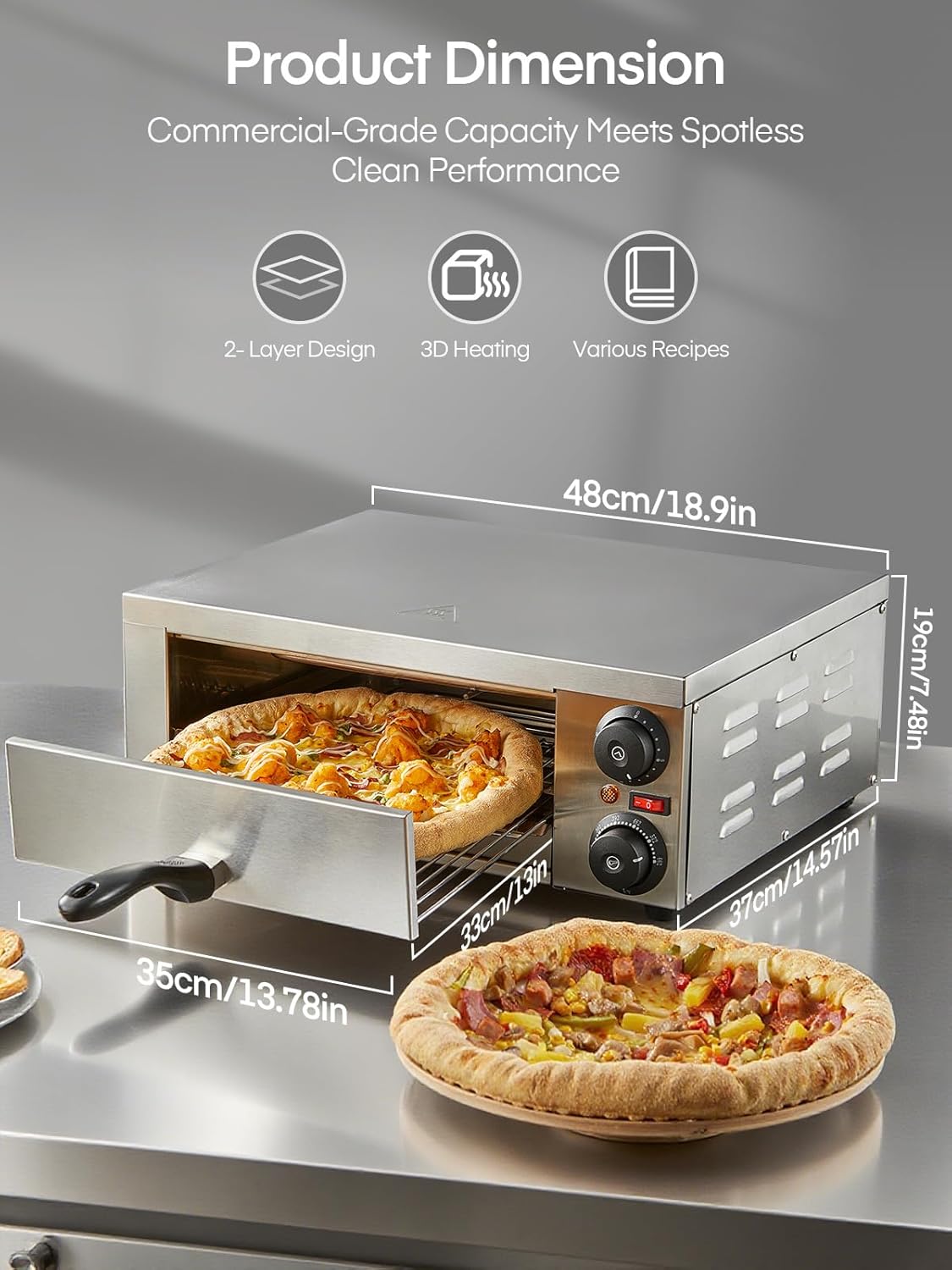 Commercial Pizza Oven, 12 Inch Countertop Pizza Ovens with 662°F Max Temp, Electric Pizza Cooker with Alert Timer, 1500W Stainless Steel Pizza-Maker Machine, for Restaurant, Home, Party, Silver