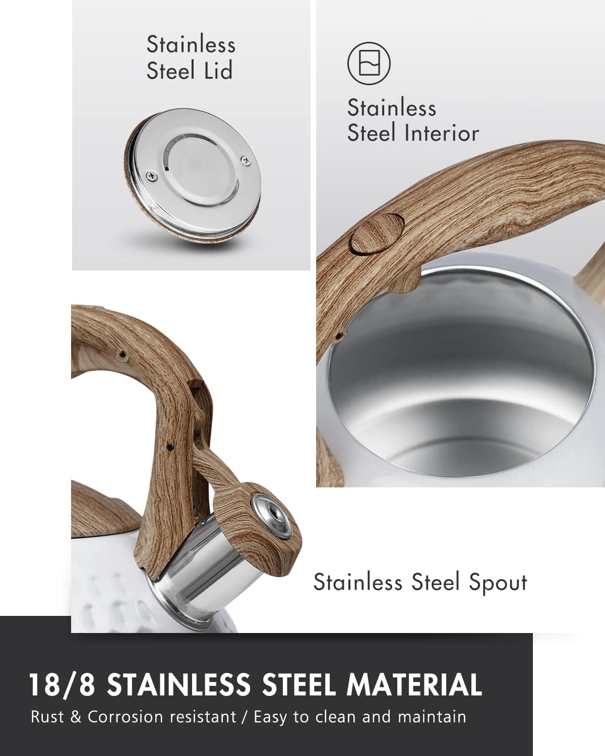 POLIVIAR Tea Kettle, Antique White Stovetop Tea Kettle 2.7 Quart, Audible Whistling Teapot, Food Grade Stainless Steel for Anti-Rust, Anti Hot Handle, Suitable for All Heat Sources (JX2020-YH30)