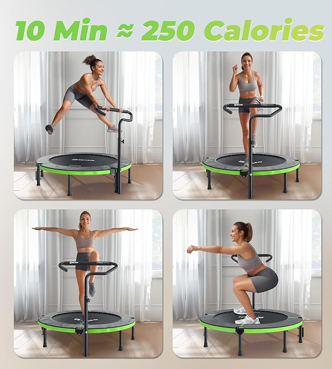 BCAN 40"/48" Foldable Mini Trampoline, Rebounder Trampoline for Adults, U/T Shape Adjustable Foam Handle, Exercise Rebounder for Adults Indoor/Garden Workout, Max Load 330lbs/440lbs