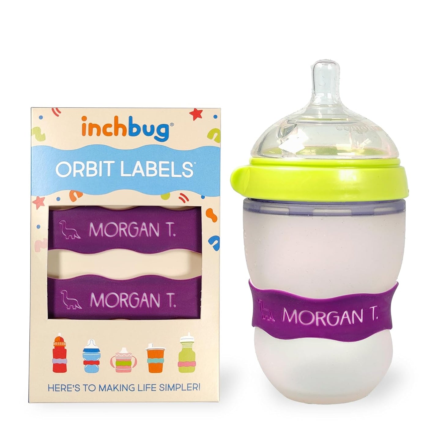 InchBug Orbit Labels - Baby Bottle Name Labels for Daycare, Sippy Cup Bands - Engraved Silicone, Reusable, Dishwasher Safe, White Contrasting Personalization, 4-Pack (Grape Juice)