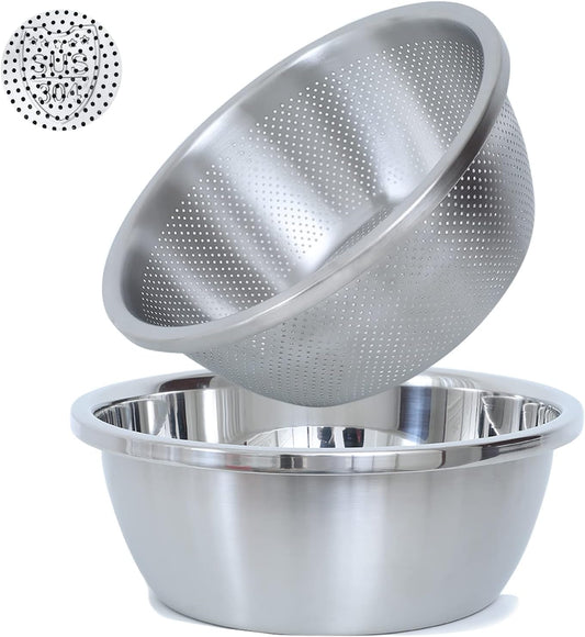 304 Stainless Steel Microporous Colander, 3.5QT Large Capacity with Mixing Bowl For washing vegetables fruit and rice and for draining cooked pasta(2PC)