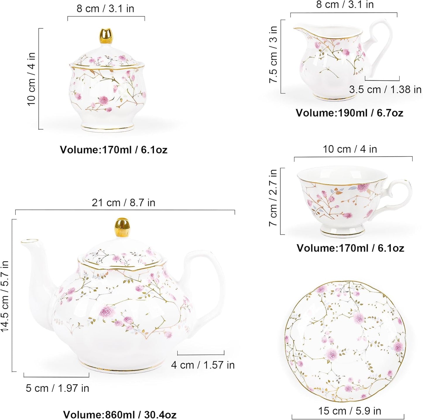 fanquare 21-Piece Gold Vine Floral Porcelain Tea Sets with Sugar Bowl Creamer Teacups, English Bone China Tea Service for Women TeaParty Family Gathering Home Décor