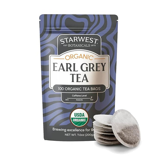 Starwest Botanicals Organic Earl Grey Tea - Caffeinated Herbal Blend with Black Tea & Bergamot, Enjoy Hot or Cold, String Free Sachets, USDA Organic, Non GMO - Bulk Pack, 100 Tea Bags