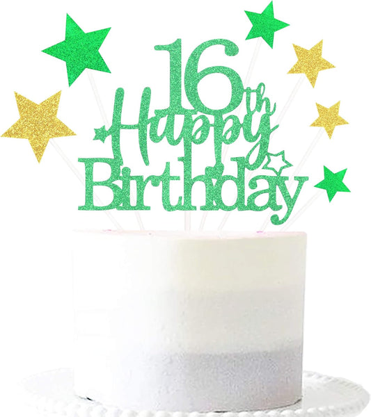 Glittery 16th Happy Birthday Cake Topper with Star,Personalised 16 Birthday Cake Toppers Party Decorations Party Supplies for Boys Girls Green Gold