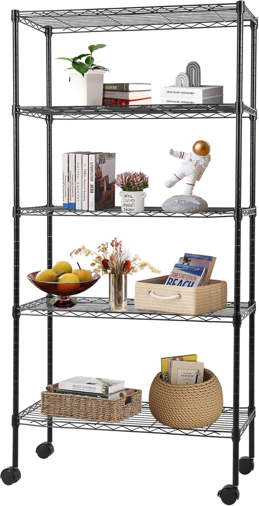 FDW Adjustable 5-Tier Metal Shelf with Wheels, 250 lbs Capacity, Easy Assembly, Ideal for Small Spaces