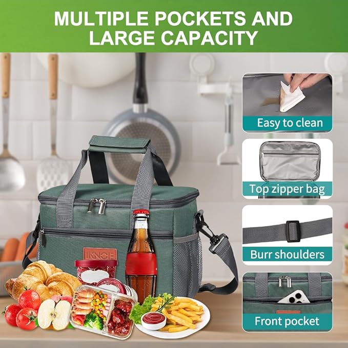 iknoe Large Foldable Cooler Bag, 8.5L Insulated Lunch Bag, Leakproof Lunch Cooler Tote with Multi-Bag Design Suitable for Beach, Picnic and Office Use, Grayish Green 15-Can
