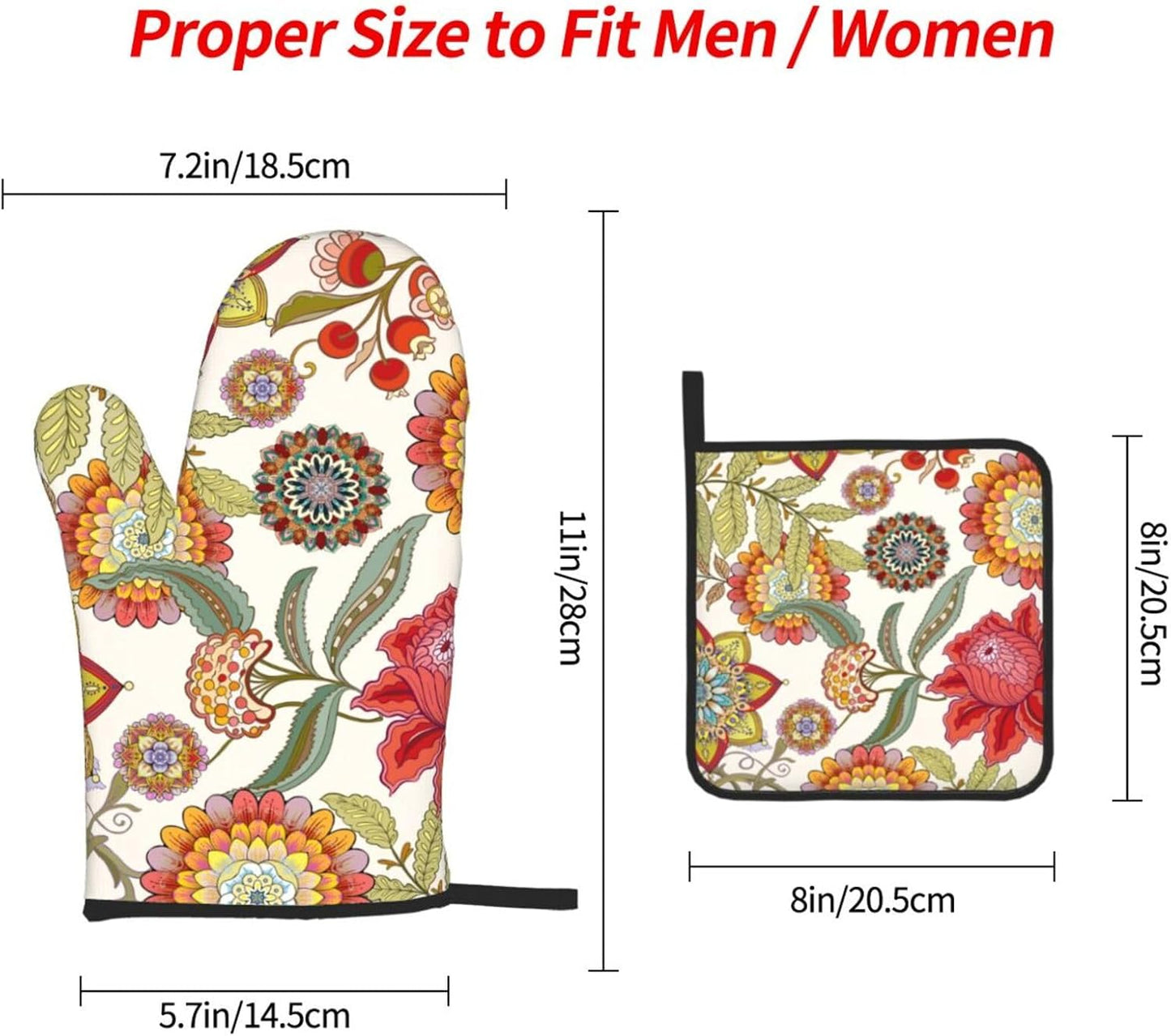 Boho Floral Oven Mitts and Pot Holders Sets of 3 Heat Resistant Hot Pads Colorful Flower Decorative Oven Gloves for Cooking Grilling Baking Kitchen Decor