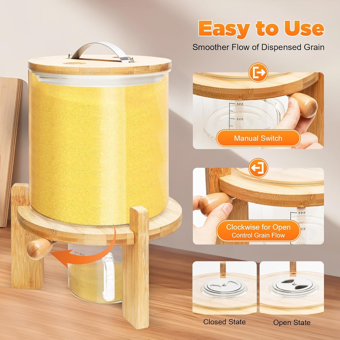 Flour and Cereal Container, Rice Dispenser, Creative Glass Food Storge Container for Kitchen Organization and Pantry Store, Airtight Lid and Wooden Stand (5L)