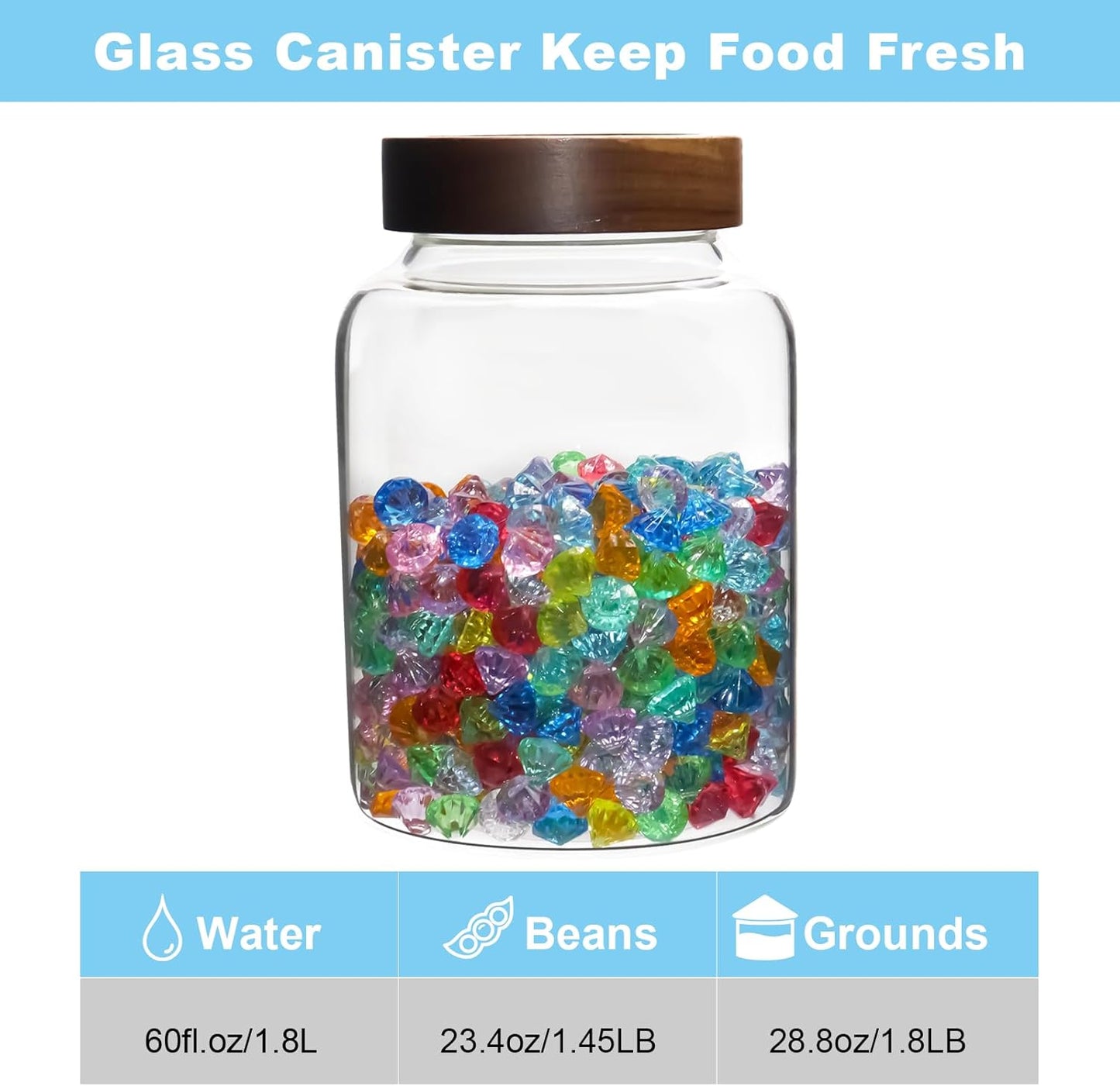 Glass Spice Jar Coffee Sugar Container Airtight Glass Jar Food Storage Canisters Bottle for Kitchen Seasoning Tea Herb Overnight Oats Bar Parfait Snacks (1800ml(60oz)-1 pack-no spoon)