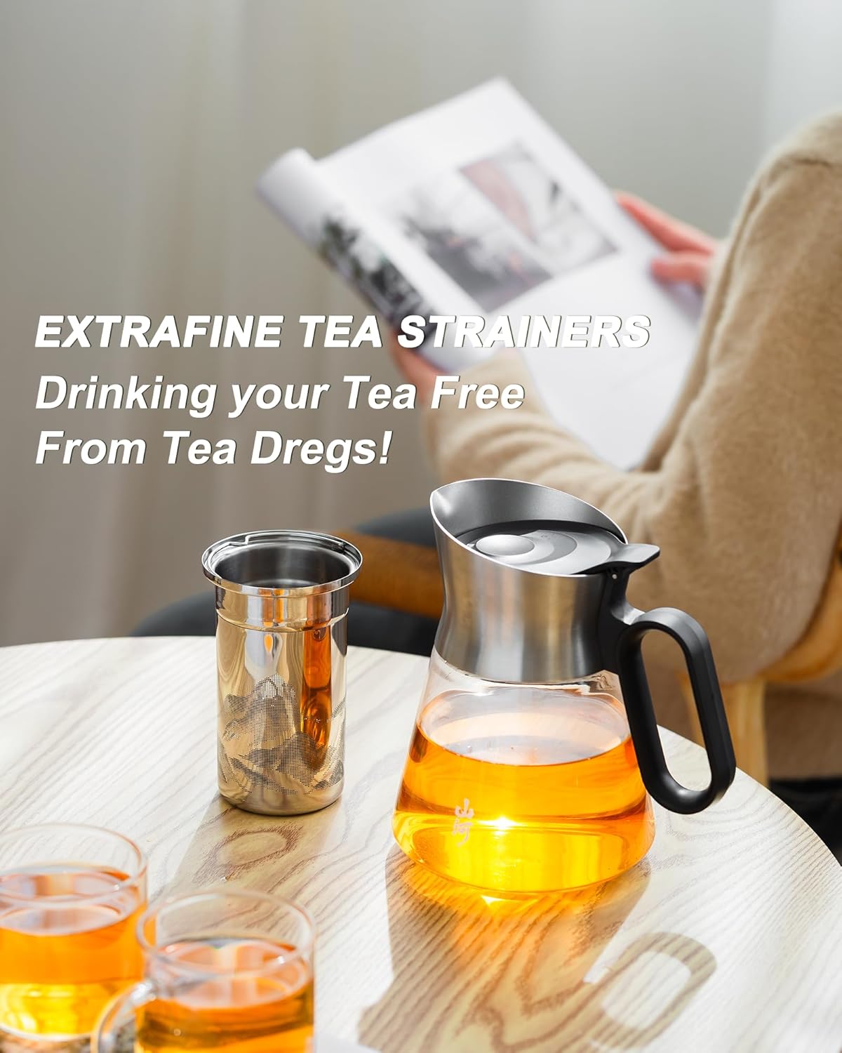 ZENS Design Glass Teapot with Infuser with 2 Cups, 23oz Small Loose Leaf Steeper Pot with Stainless Steel Spout for Hot Tea Diffusers, Oval Handle Clear Tea Infusers Pot for Tea Lovers Gifts