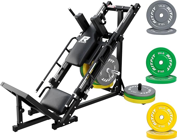 RitFit Adjustable Leg Press and Hack Squat Machine with Weight Plate Set, Professional Home Gym Equipment with Linear Bearings, Specialized for Complete Lower Body Workouts and Weight Storage Posts