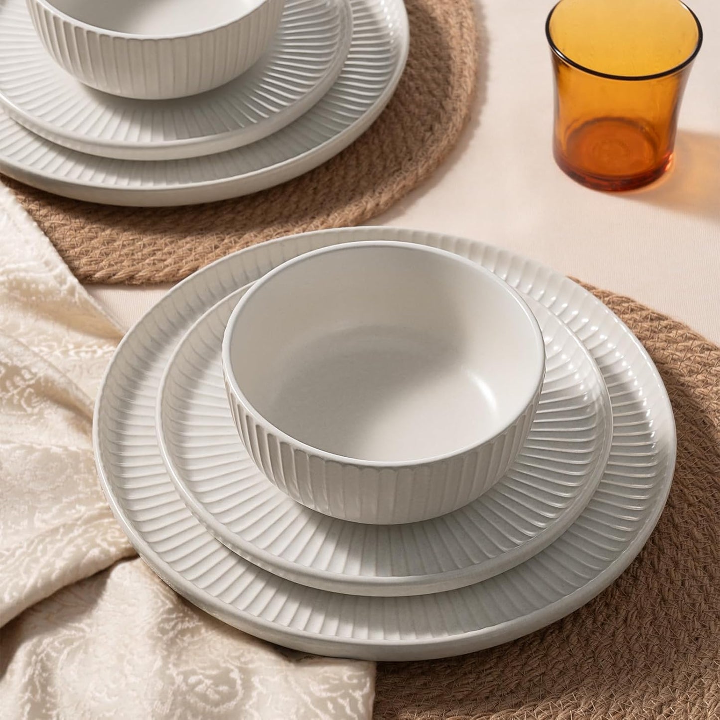 Famiware Starlight Dinnerware Sets, Plates and Bowls Dish Set of 8 (24 Pieces), Ribbed Textured Tableware - Dishwasher & Microwave Safe, Chip Resistant, Reactive Glaze, Matte Reactive White