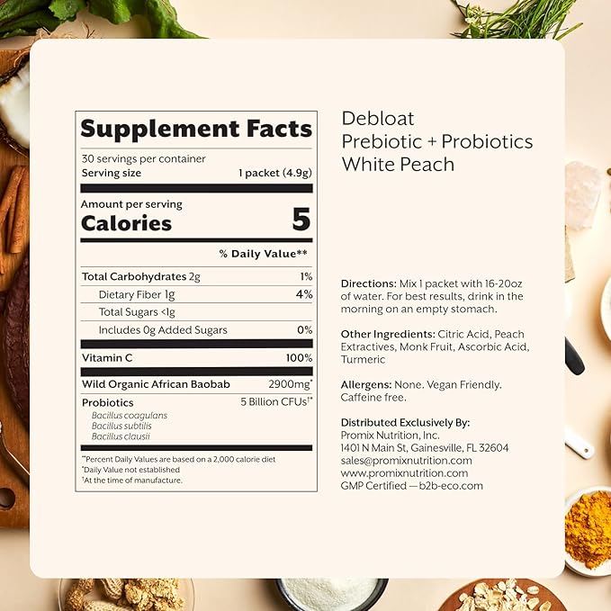 ProMix Nutrition Debloat Prebiotics and Probiotics, Bloating relief for Women, Gut cleanse detox for Men and Immune Support - White Peach - 30 Servings (Pack of 30)