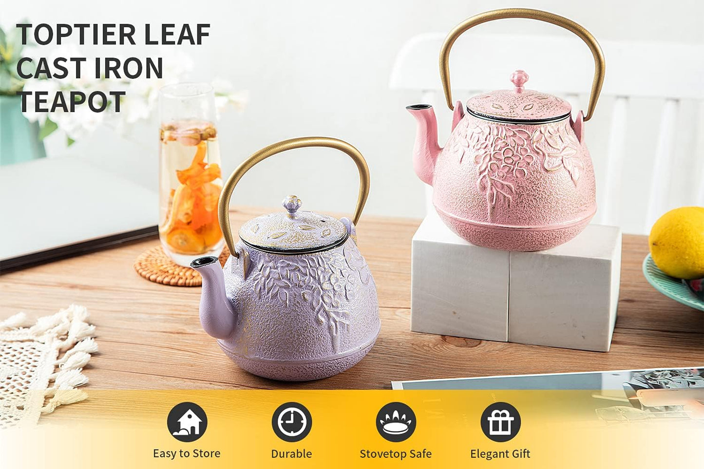 Tea Kettle, TOPTIER Japanese Cast Iron Teapot with Stainless Steel Infuser, Cast Iron Tea Kettle Stovetop Safe, Leaf Design Teapot Coated with Enameled Interior for 40 Ounce (1200 ml), Purple
