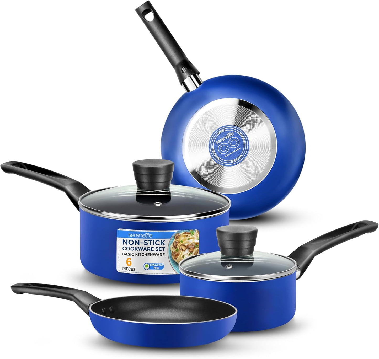 SereneLife Kitchenware Pots & Pans Basic Kitchen Cookware, Black Non-Stick Coating Inside, Heat Resistant Lacquer (6-Piece Set), One Size, Blue