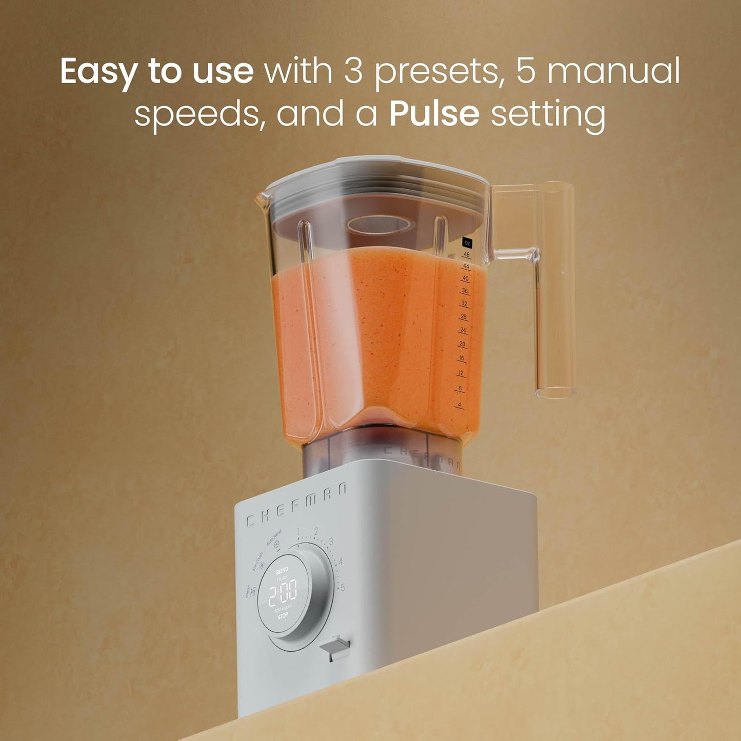 Chefman Obliterator 48 oz Countertop Blender for Smoothies, 1380W Motor to Crush Ice, Nuts, and Frozen Fruit with Stainless Steel Blade, Blender Pack Includes Two 20 oz. Travel Jars - Concrete