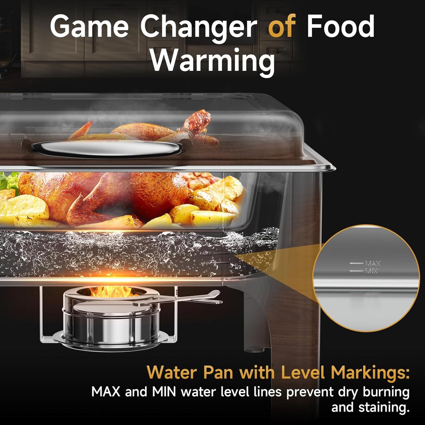 Chafing Dishes for Buffet, 6QT Square Stainless Steel Chafing Dish with Transparent Hydraulic Lid, 304 Food Pan, Buffet Warmer for Parties and Events (Wood Color)