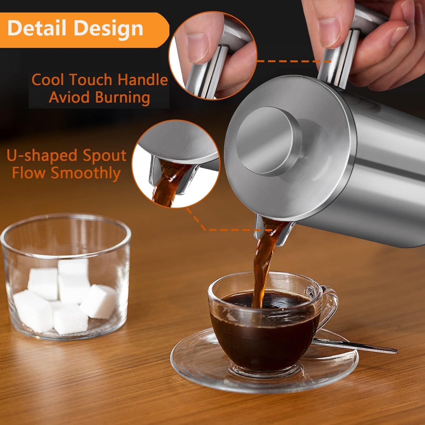 French Press Coffee Maker 34oz, Double-Wall Insulated French Press Stainless Steel 1L for travel camping, Included 2 Extra Screens and 1 Coffee Spoon （6-8cup 1000ml）