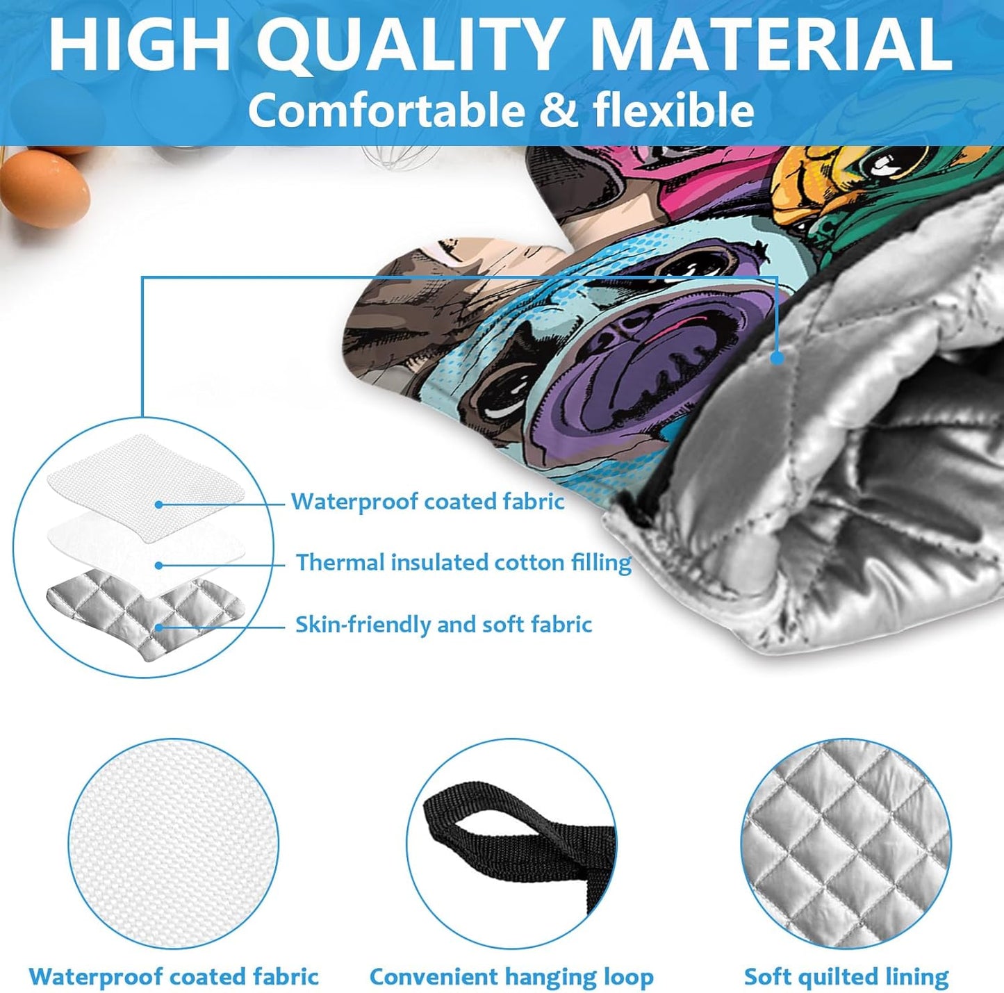 Colorful Pug Dog Face Oven Mitts and Pot Holders Sets Heat Resistant 4Pcs Potholders Oven Gloves Hot Pads for Kitchen Baking Cooking Grilling BBQ