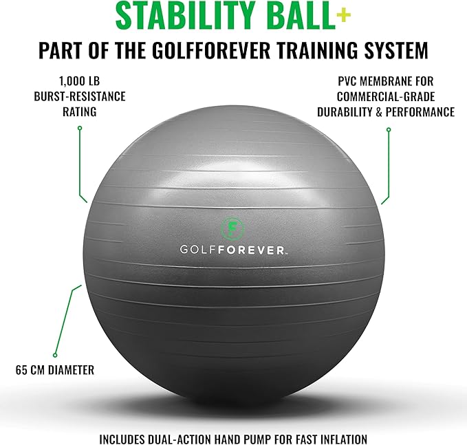 GolfForever Stability Ball Proven by Golfer Scottie Scheffler | Golf Training Exercise Ball | Premium Golf Training Workout Ball to Build Swing Speed, Improve Balance & Strengthen Core | 65cm | Grey