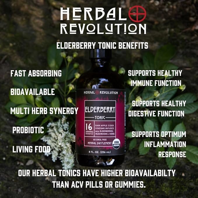 Herbal Revolution Elderberry Tonic - Certified Organic Non-GMO Apple Cider Vinegar Infused with Cinnamon Bark, Raw Honey, Ginger & More - Made Using Regenerative Farming Practices - 8 Oz