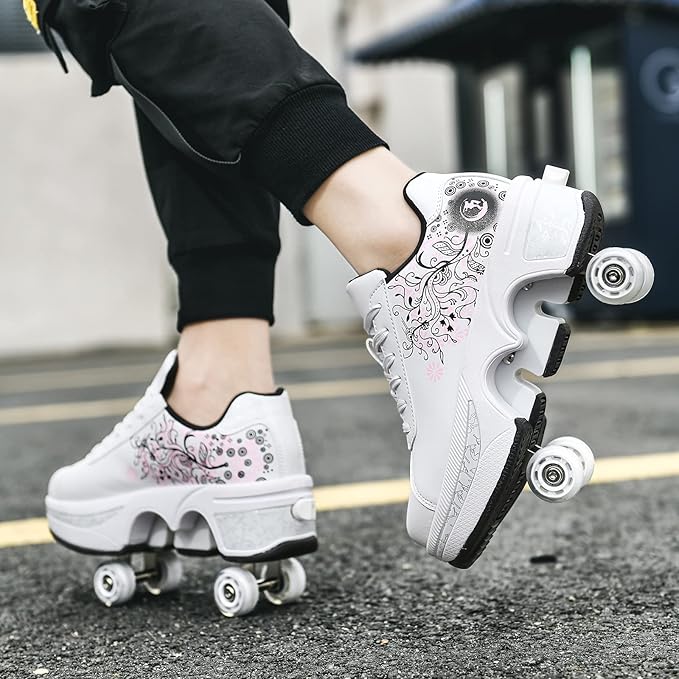 Roller Skate Shoes for Women Four Rounds Children's Roller Skates Shoes That Turn into Rollerskates Sneakers Outdoor Light Shoes with Wheels for Girls/Boys