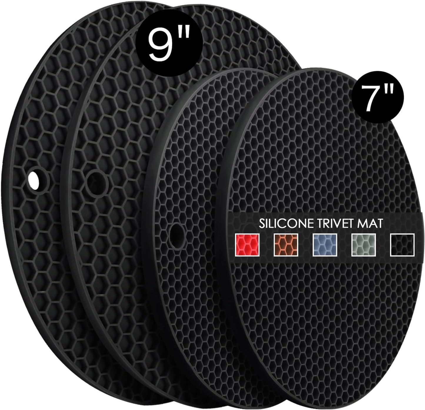 4 Pack Silicone Trivet Mats, 7 Inch & 9 Inch Flexible Heat Resistant Silicone Hot Pads Pot Holders for Kitchen Counter, Round Trivets for Hot Dishes - Potholders Jar Opener(Black)