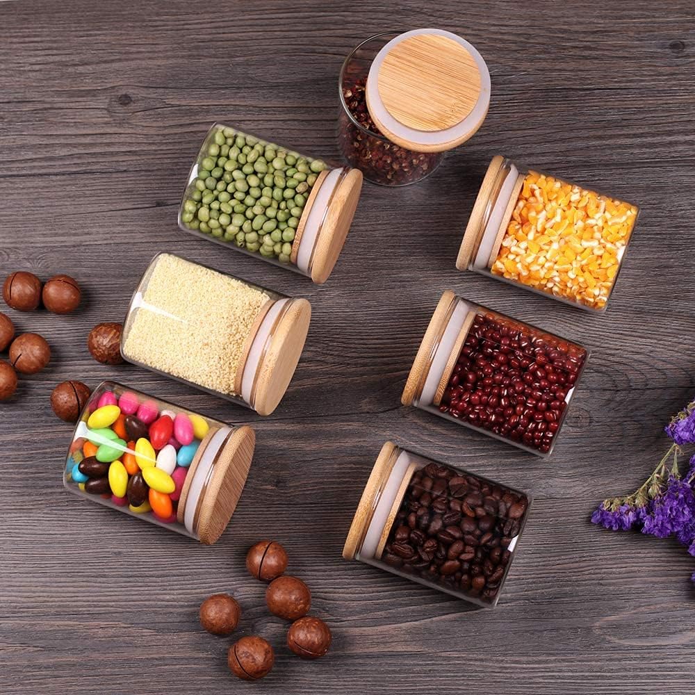 Glass Jars with Bamboo Wooden Airtight Lids 6oz 10oz Spice Jars Food Storage Containers for Home Kitchen, Tea, Salt, Pepper, Spices, Coffee, Herbs, Grains (6 OZ, 6 PCS)