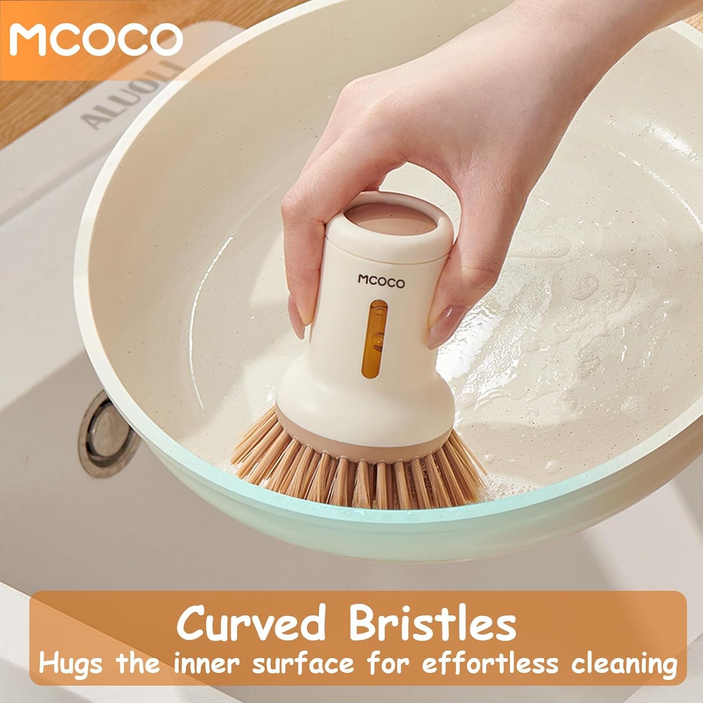 Dish Brush Set with Soap Dispensing Palm Brush Dish Scrub Brush with Soap Dispenser Palm Dish Brush Kitchen Cleaning Brush with Ergonomic Long Handle for Cleaning Sink, Pot, Pan, Stove, Yellow