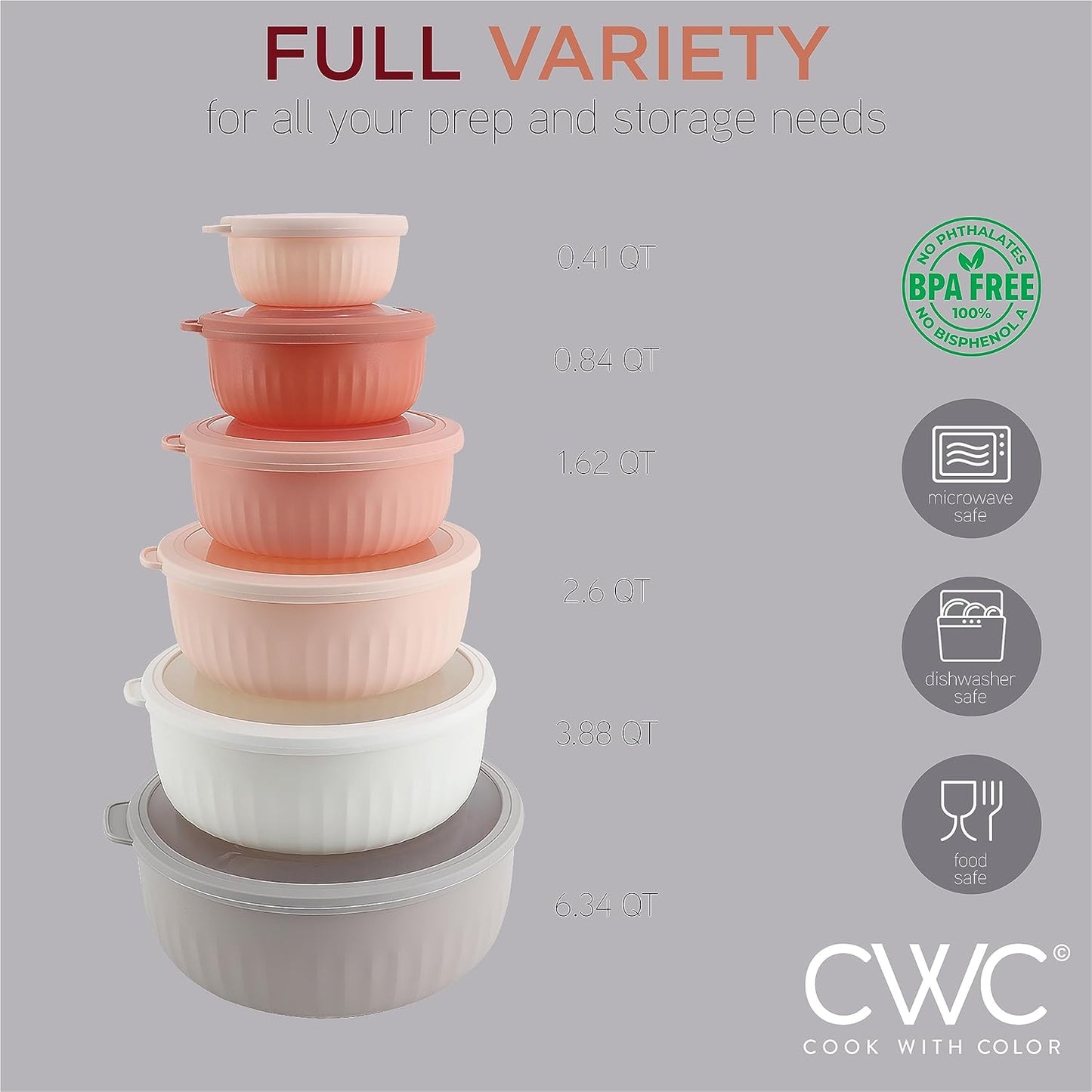 COOK WITH COLOR Prep Bowls with Lids- 12 Piece Nesting Plastic Small Mixing Bowl Set with Lids (Multi Colored), Grey/Pink