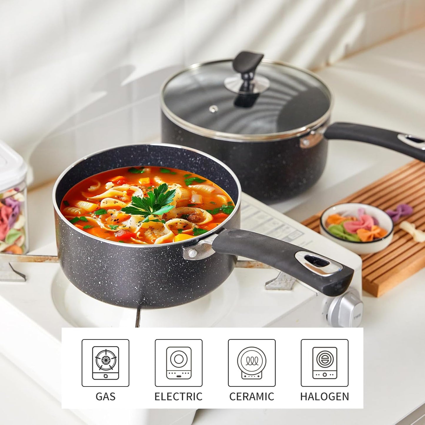 Nonstick Saucepan Set - 3-Pieces Pot Set 1 Quart & 2 Quart & 3 Quart,Ultra Non Stick Sauce Pan Small Pot with Glass Lid,Great for Home Kitchen Restaurant,Black