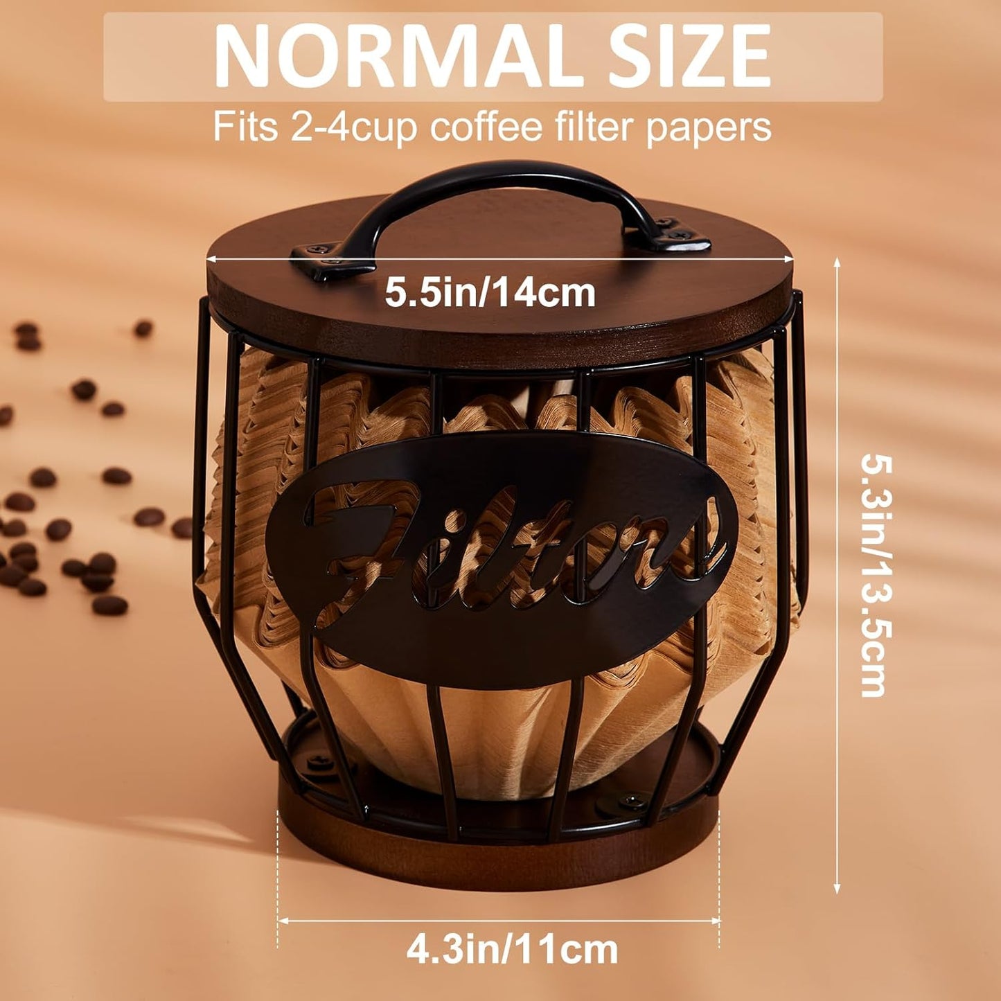 Yangbaga Coffee Filter Holder with Wood Lid,Wood and Metal Coffee Filter Storage Container Basket for Coffee Filters 2-4 Cup,Round Coffee Filter Holder Case for Counter,Coffee Bar Accessories decor