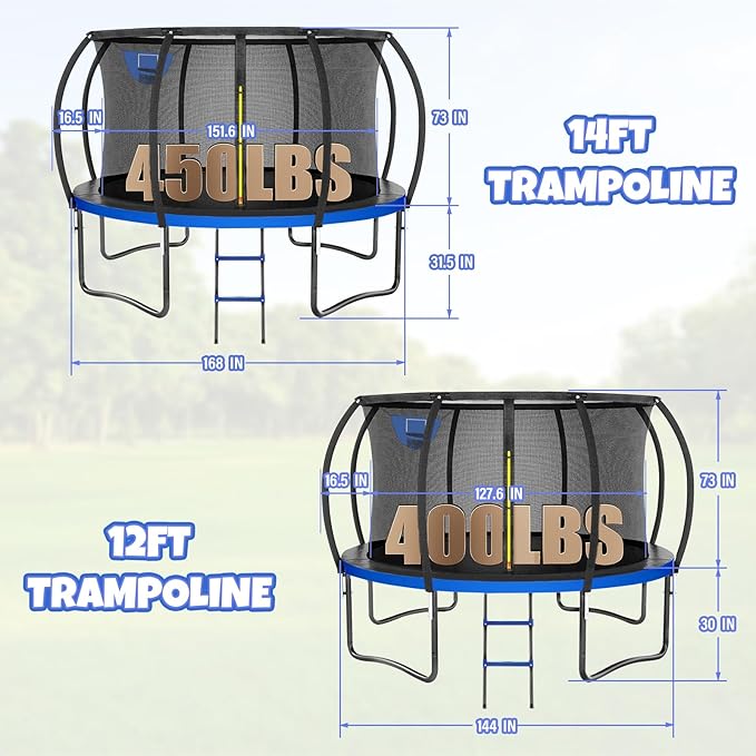 Trampoline 8FT 10FT 12FT 14FT 16FT, Outdoor Trampolines for Kids and Adults, Recreational Trampoline with Enclosure Net & Ladder, Round Trampoline ASTM Approved, 400/450LBS Weight Capacity