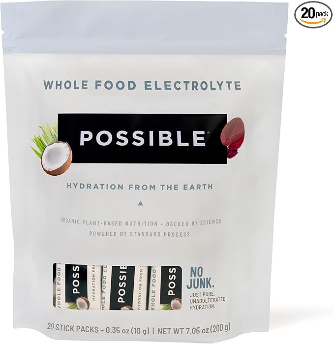 Possible Whole Food Electrolyte - Powder Drink Mix for Pre-Workout, Post-Workout & Everyday Hydration - Vegan, Plant-Based Wellness - Gluten-Free, USDA Organic - Clean Label - 20 Stick Packs