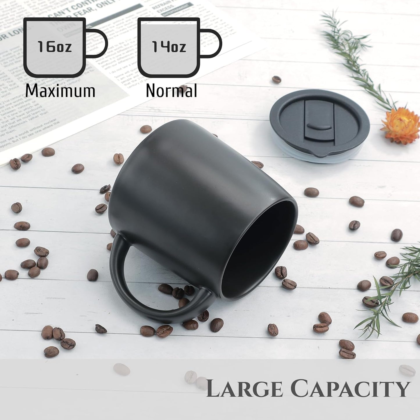 Classic Mug, 14 oz Large Coffee Mug with Handle, Ceramic Porcelain Tea Cup, Smooth Matte (Sliding Lid, Black)