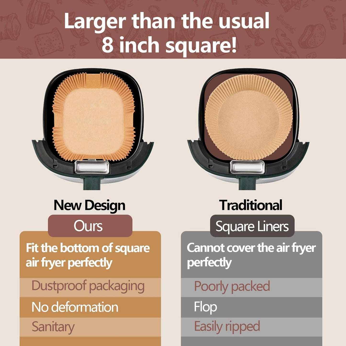 UBeesize 9 Inch Air Fryer Paper Liners,300 PCS Parchment Paper, Air Fryer Disposable Paper Liners for Microwave, Non-Stick Sheets Square Free of Bleach（Bottom size 8 Inch）