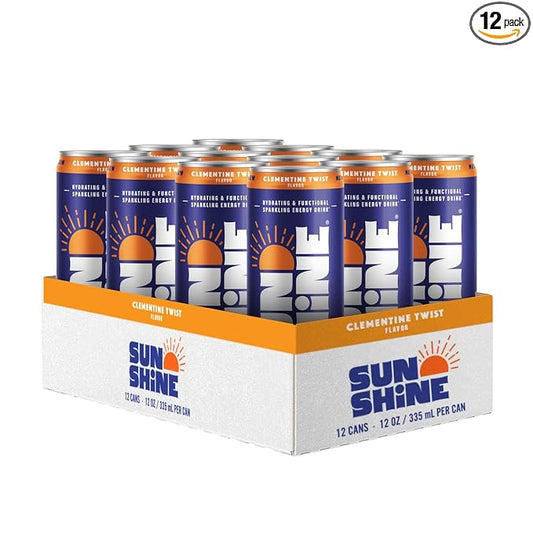 Sunshine Sparkling Energy Drink, Clementine Twist with Daily Essential Vitamins, 360mg of Electrolytes, 70mg of Natural Caffeine, 12 Fl Oz (Pack of 12)