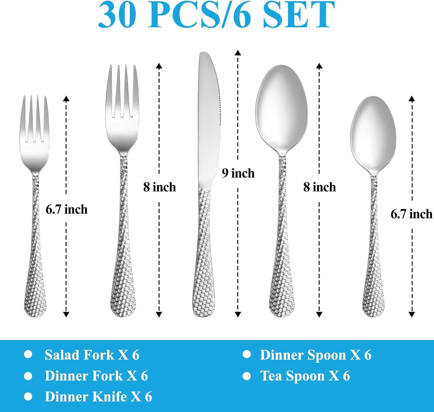 30 Pcs Hammered Silverware Set Service for 6,Stainless Steel Flatware Set,Mirror Polished Cutlery Utensil Set,Durable Home Kitchen Eating Tableware Set,Include Fork Knife Spoon Set,Dishwasher Safe