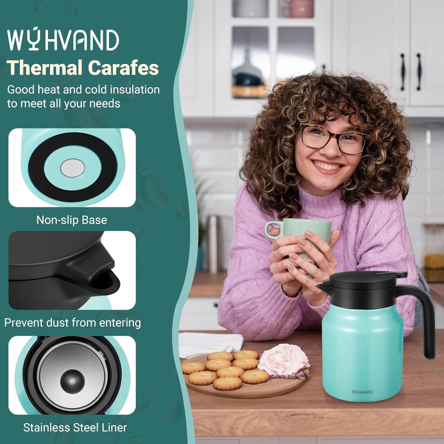 34Oz Thermal Coffee Carafe for Hot/Cold, Stainless Steel Thermos Carafes for Hot Liquids, Dustproof Insulated Hot Water Carafe for Party/Home,Seafoam