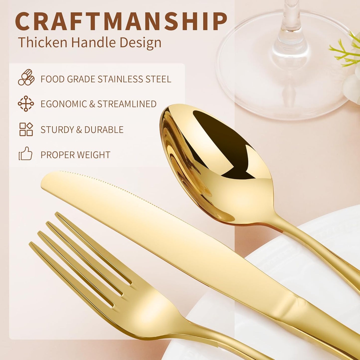 Gold Silverware Set for 8, 40-Pieces Heavy Duty Silverware, 18/10 Stainless Steel Flatware, Dishwasher Safe, Ideal for Gift