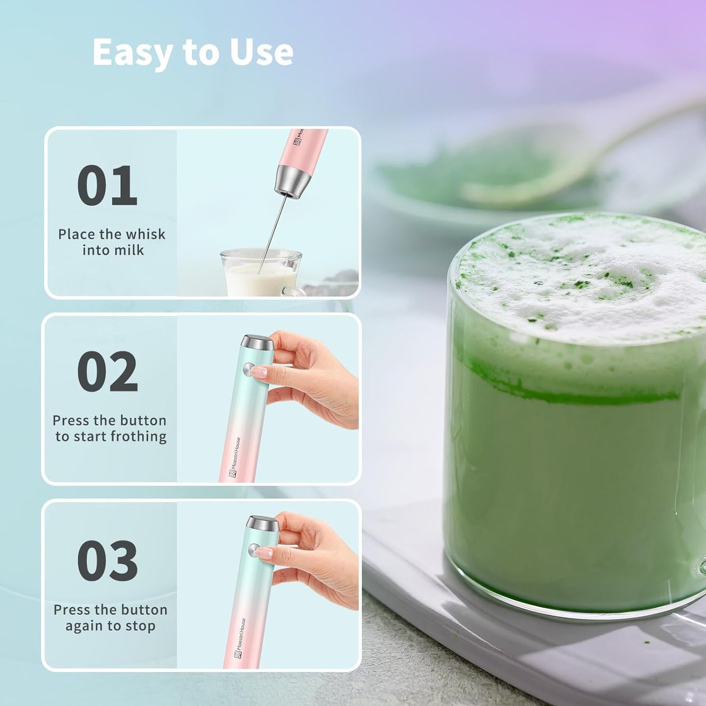 Maestri House Rechargeable Milk Frother with Stand, LunaFro Handheld Electric Foam Maker Waterproof Detachable Stainless Steel Whisk Drink Mixer Foamer for Lattes, Cappuccino